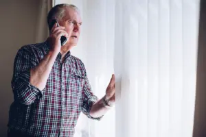 An old man on the phone while looking out a window.