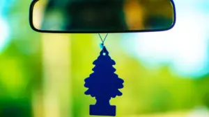 An air freshener hanging from a rearview mirror.