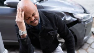 A man who is holding his head accident getting in a car accident.