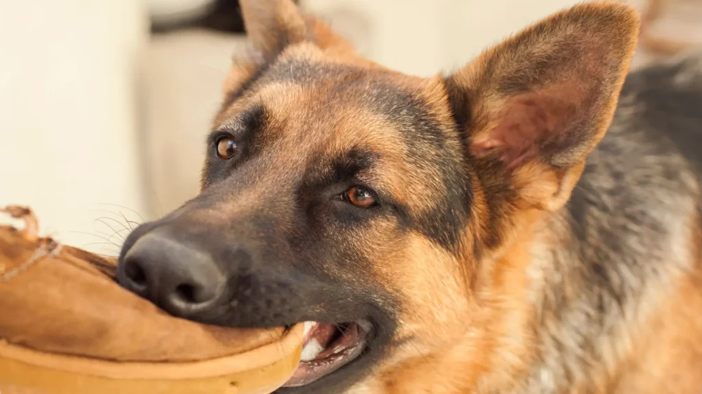 A German Shepard biting a shoe.