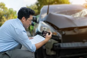 An insurance adjuster taking images of an accident.