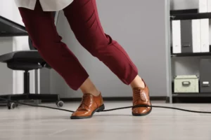 A person tripping on a loose cord.