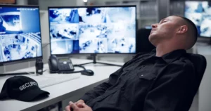 A sleeping security guard while on duty.