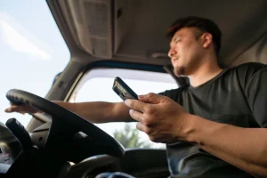 A man driving a vehicle while on his phone.