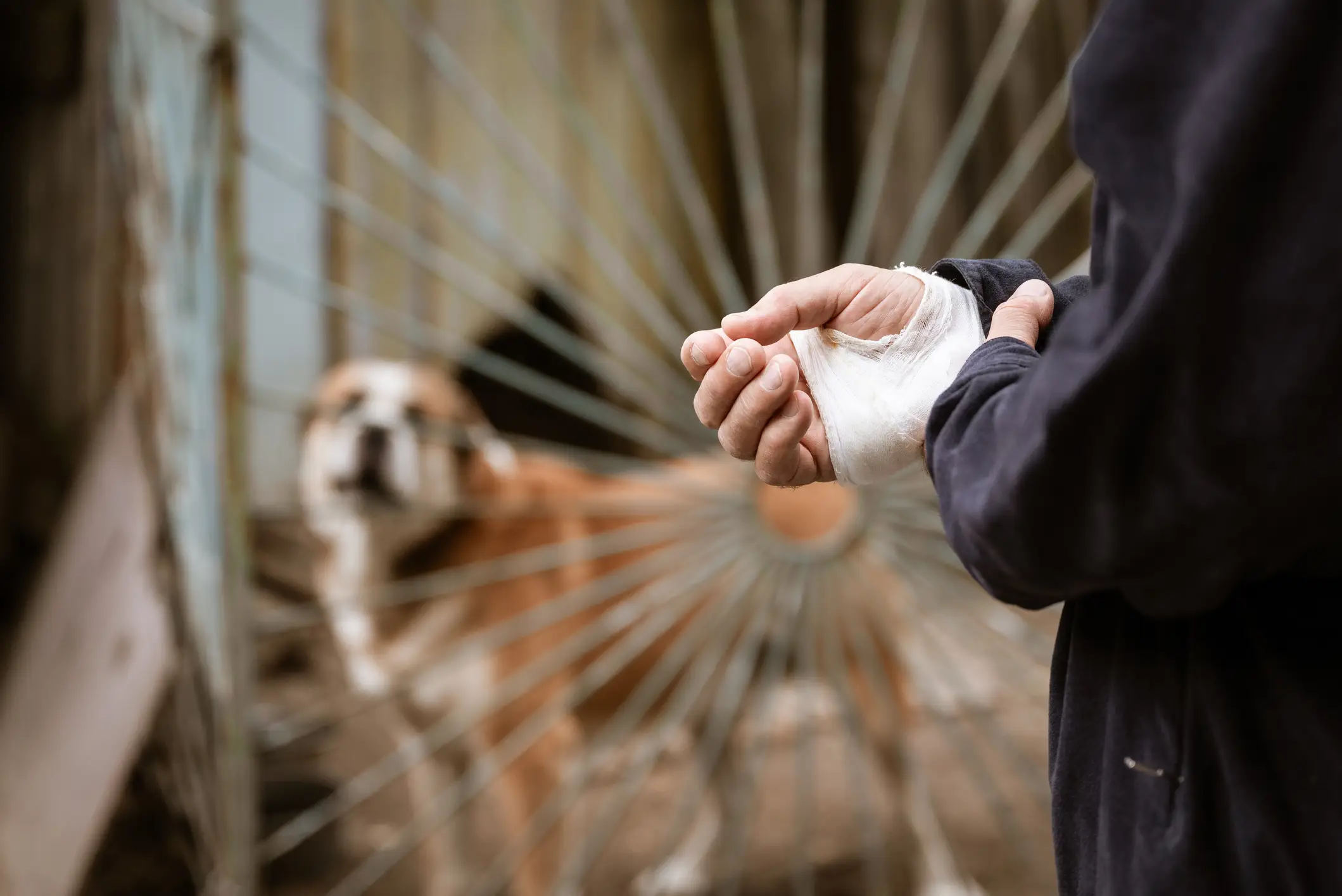 A person with an injured hand with a dog looking guilty in the background.