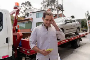 A man on his phone while a tow truck is taking his car.