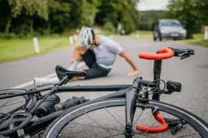 An injured biker on the road after an accident.