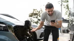 A man on his phone, trying to figure out why his EV isn't charging.