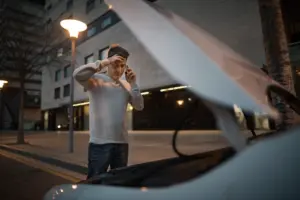 A clueless man looking at his car's engine.