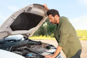 A man looking at his car's engine.