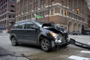 A car with a caved in hood stuck at a intersection.