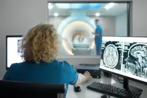 A person getting an MRI while a woman is setting it up in a different room.