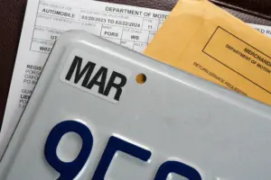 A licenses plate and some forms from the DMV.