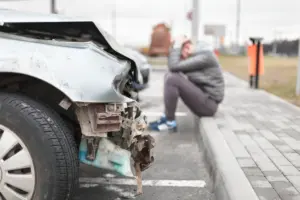 A man sitting on the curb miserable, after getting in a car accident.