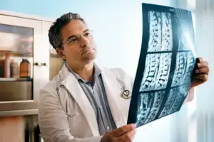 A doctor looking at spinal cord x rays.