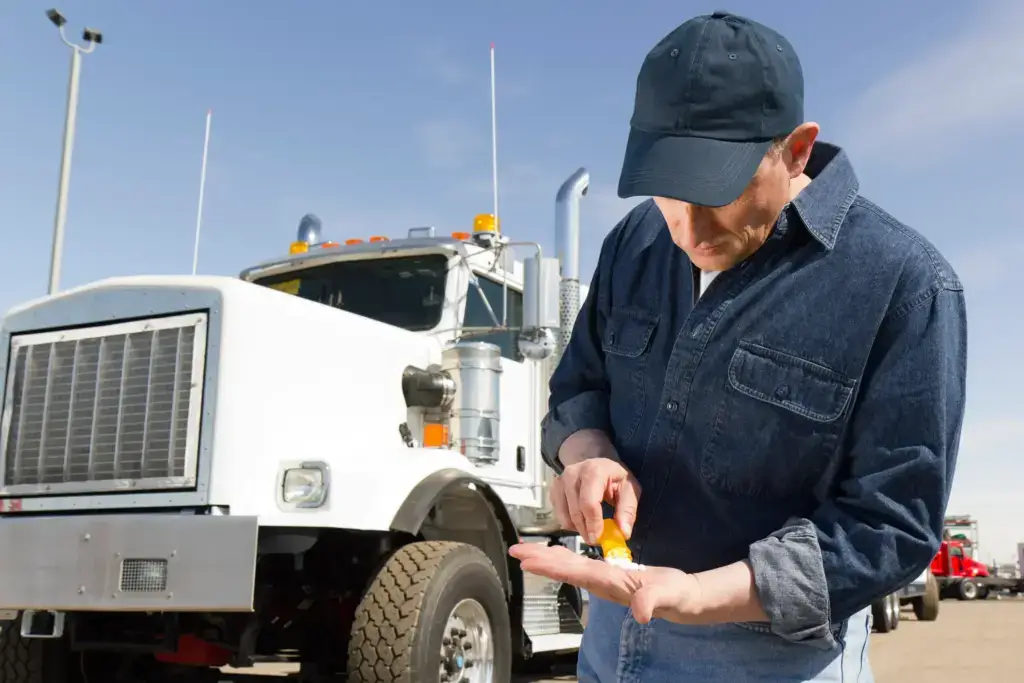 A truck driver taking some pills.