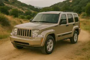 A lemon tan Jeep Liberty on a dirt road.