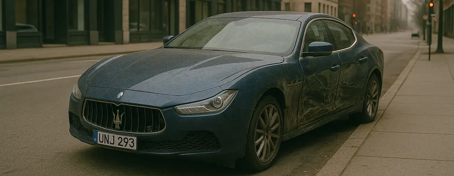 A blue Maserati Ghibli lemon parked in the street.