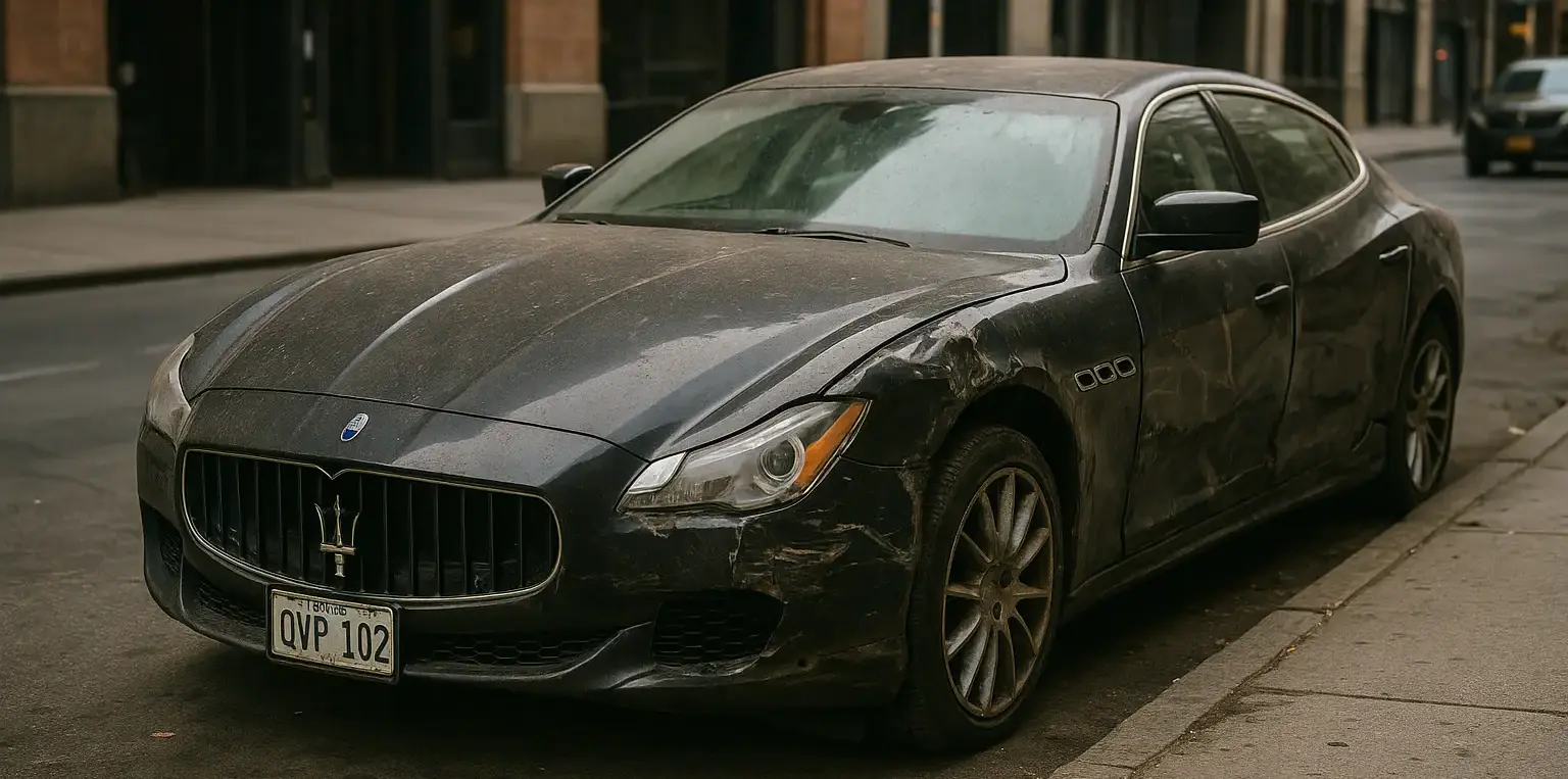 A lemon Maserati Quattroporte parked in the city.