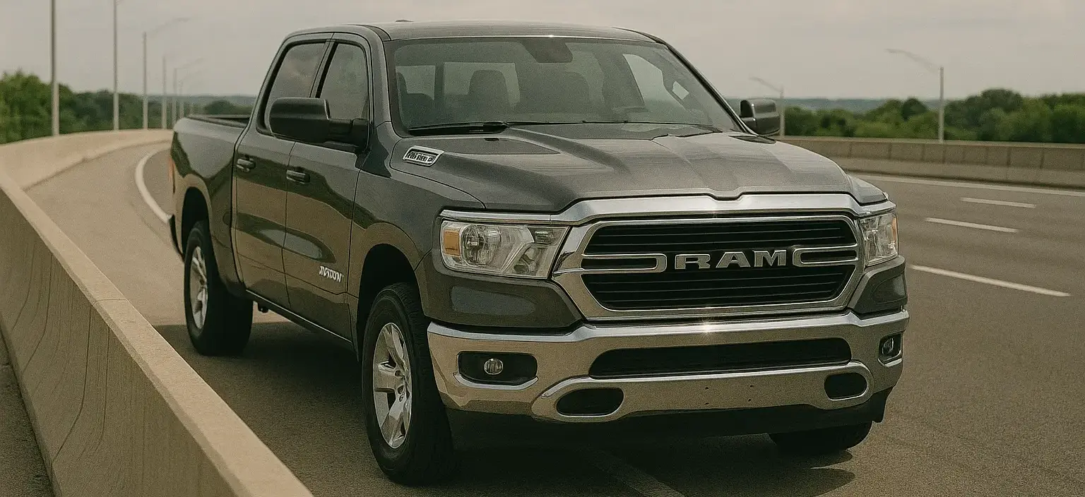 A gray Ram 1500 truck parked on the side of the freeway.