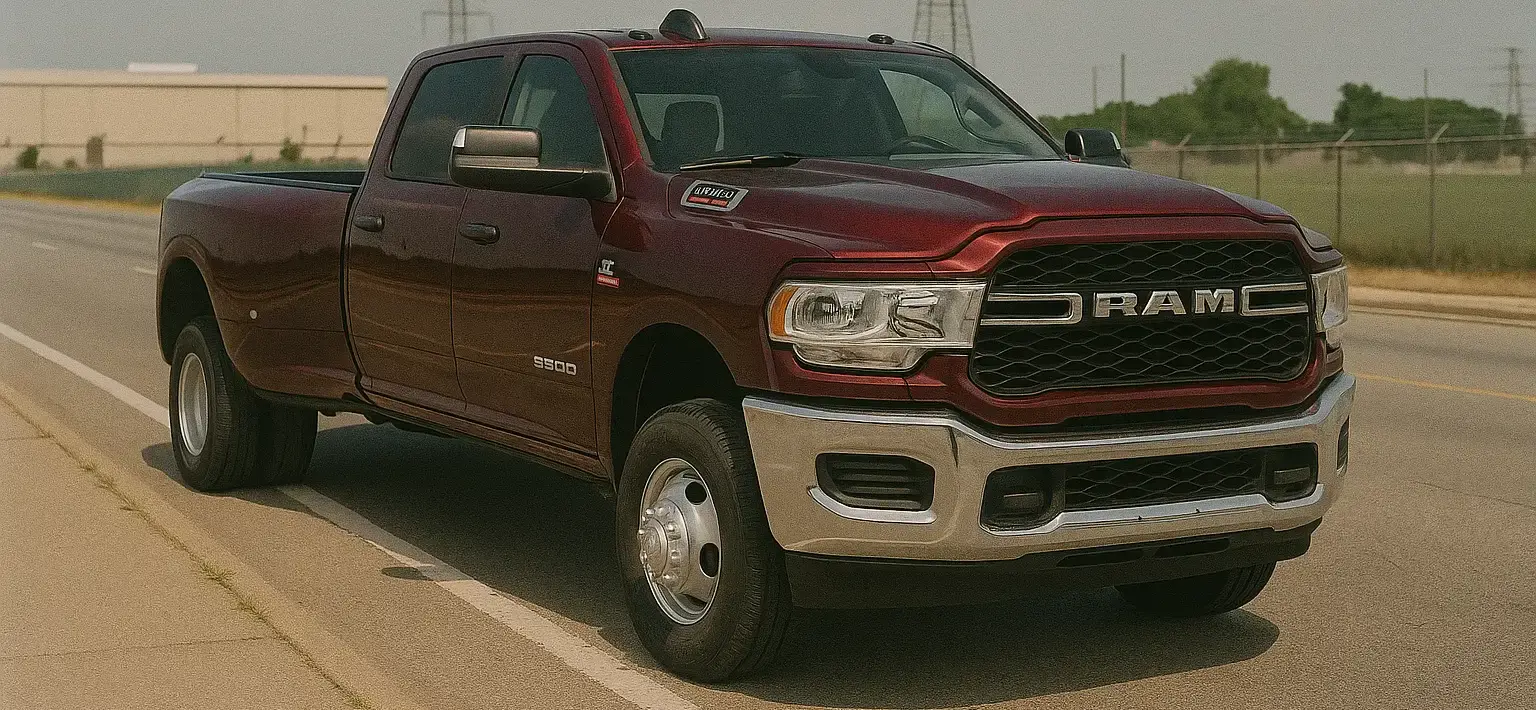 A red Ram 3500 lemon, parked on the side of a freeway.