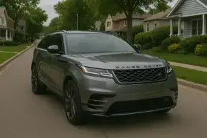 A dark gray Range Rover Velar driving on the street.