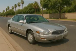 A tan Buick Lesabre parked in the middle of the street.