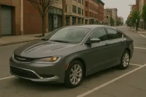 A dark gray Chrysler 200 parked in the city,