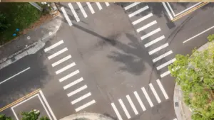 An overview shot of an empty intersection.