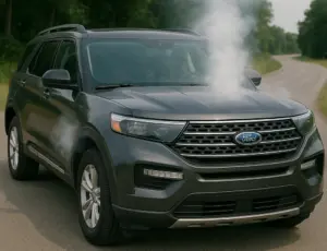 A gray Ford Explorer with smoke coming from the hood of the car.