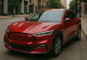 A red Ford Mustang Mach E parked in the middle of the street.