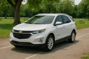 A white Chevrolet Equinox parked at a park.