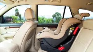 A booster seat in the car.