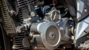 A close up of a motorcycle engine.
