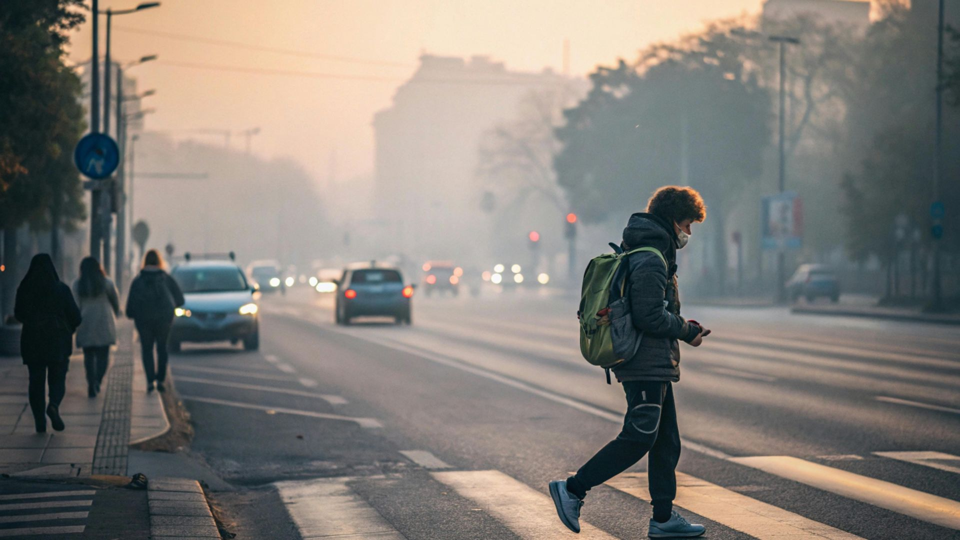 A pedestrian crossing the street early in the day.