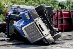A blue semi-truck on its side. 