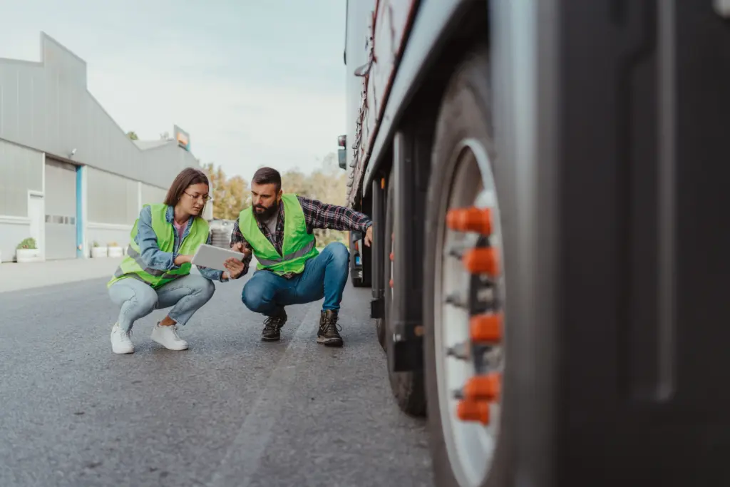 Two truck maintenance workers checking a truck's black box data.