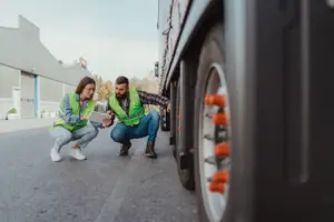 Two truck maintenance workers checking a truck's black box data.