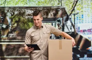 A delivery man holding a package and looking at a tablet. 