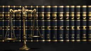 A row of books with the scale of justice in front.